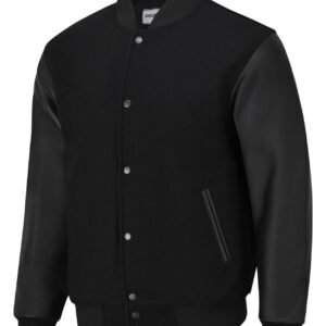 Euro Wave Varsity Jacket – All Black (Wool Blend & Genuine Leather)