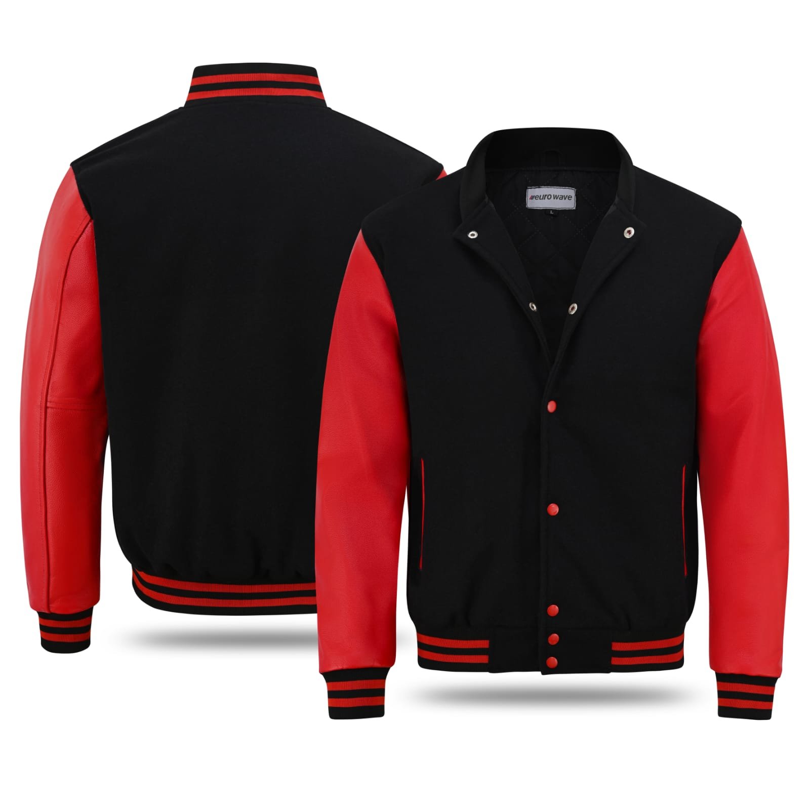Euro Wave Varsity Jacket – Black & Red (Wool Blend & Genuine Leather) - Image 2